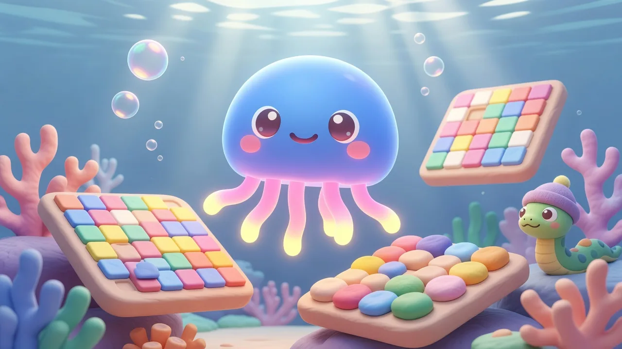 Neuro, a glowing blue jellyfish, floating between colourful puzzle boards on a coral reef, with Noodle the snake peeking out in a purple beanie