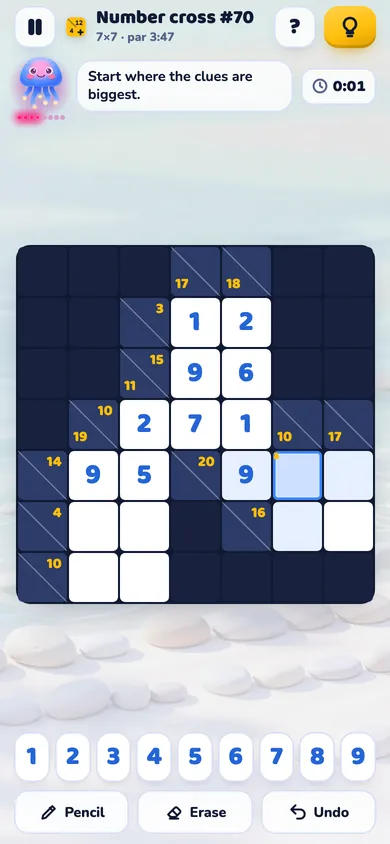 A 7 by 7 number cross with sums in the dark squares