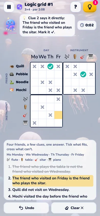 A logic grid with ticks, crosses and a highlighted clue