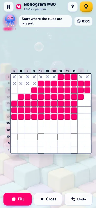 A 12 by 12 nonogram picture half revealed in pink
