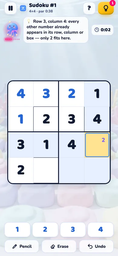 A 4 by 4 Sudoku with Neuro explaining a hint